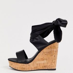 Asos Design black twist tie leg cork wedges